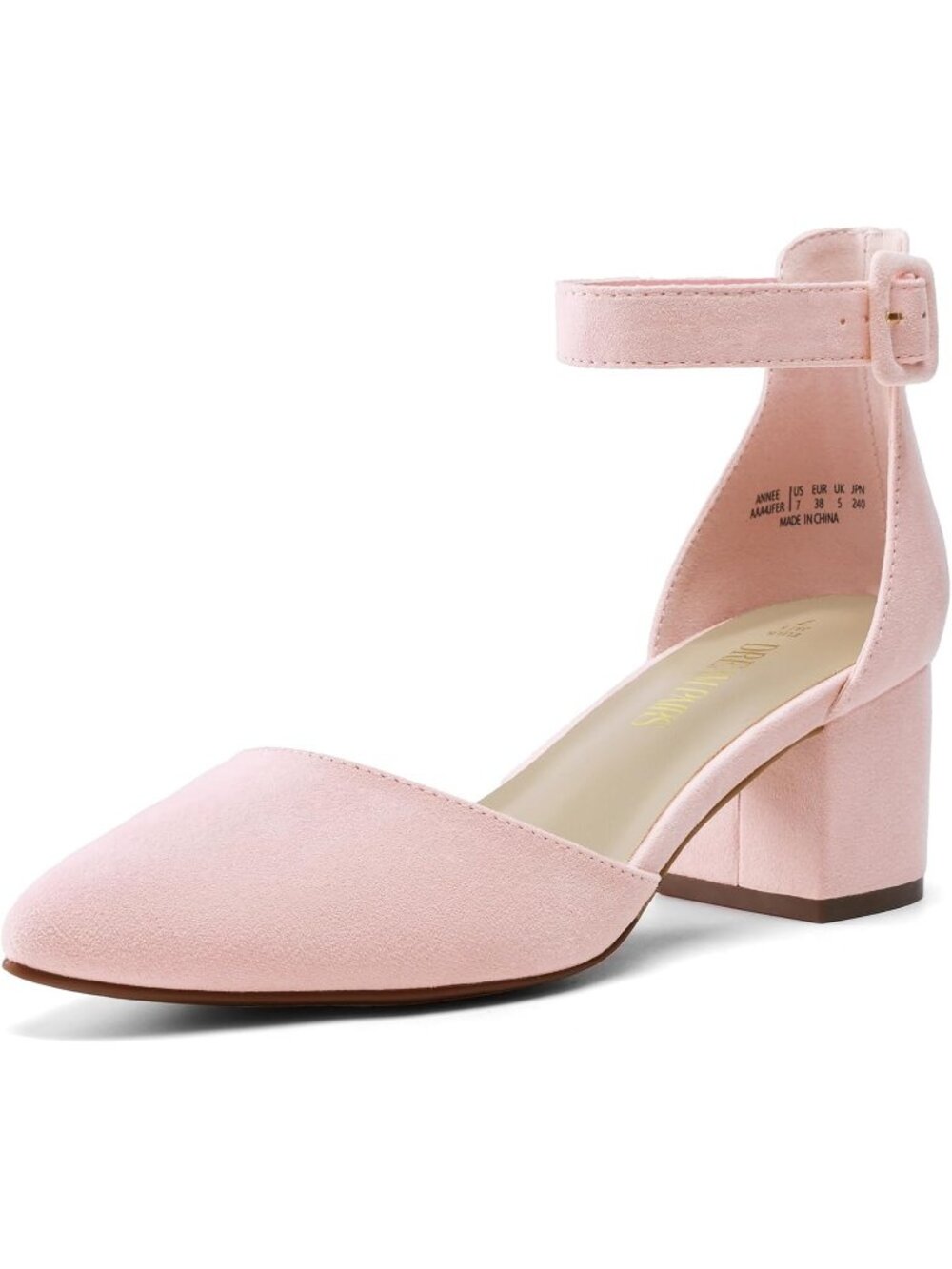 Women's Pink Suede ANNEE Closed Toe Chunky Block Heels Ankle Strap Pumps Shoes